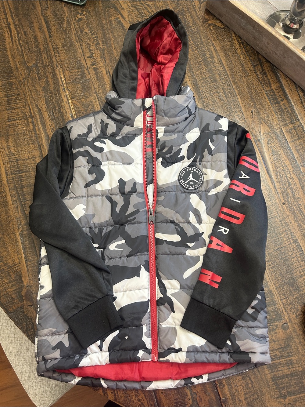 Jordan Gray & Black Camo Hooded Puffer with Red Lining